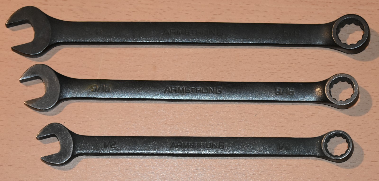 ARMSTRONG INDUSTRIAL 1/2″, 9/16″, 5/8″, OPEN/BOX END 12-PT COMBO WRENCH LOT OF 3