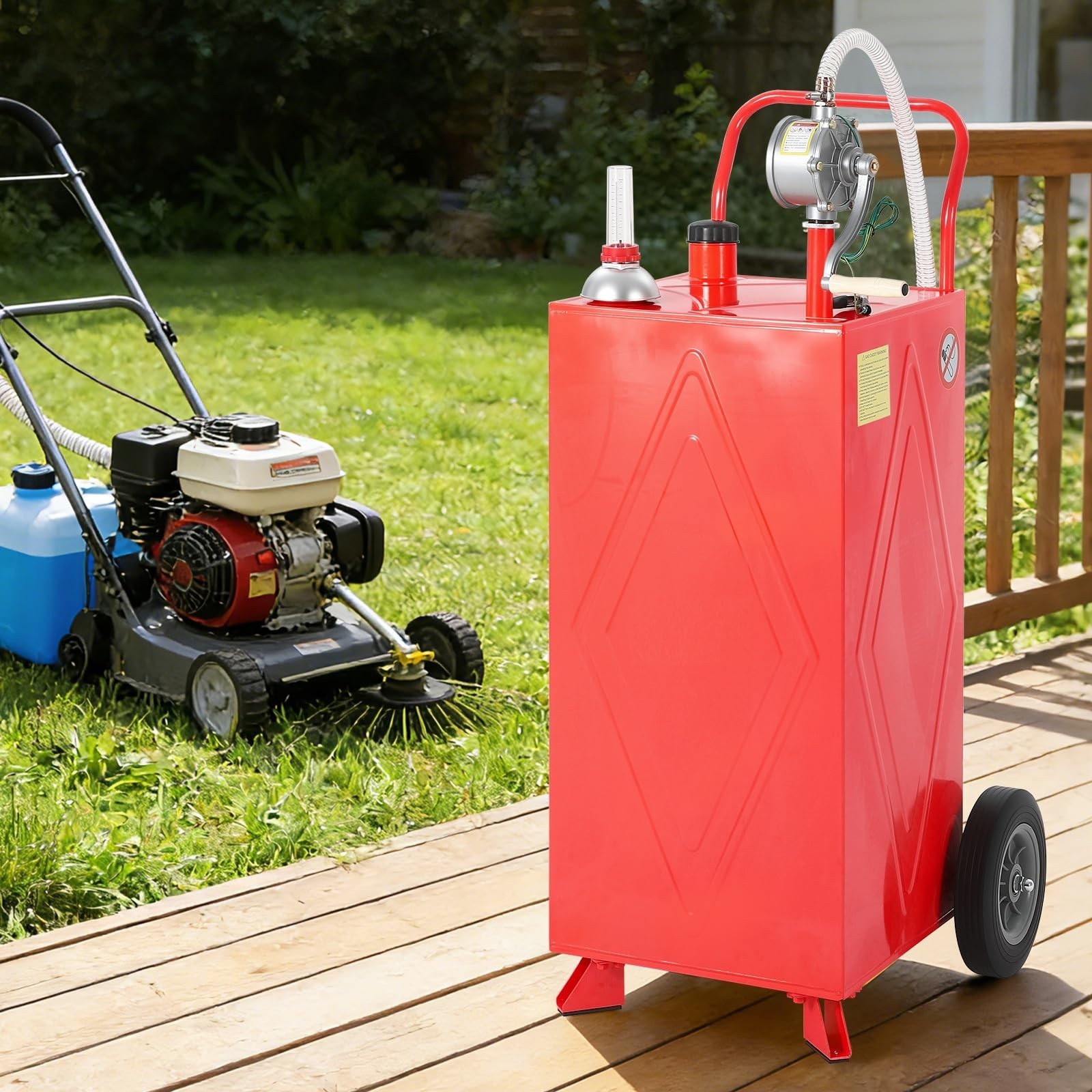 30 Gallon Portable Fuel Tank Gas Caddy w/ Manual Pump Hose 2-Wheel, 2-Support