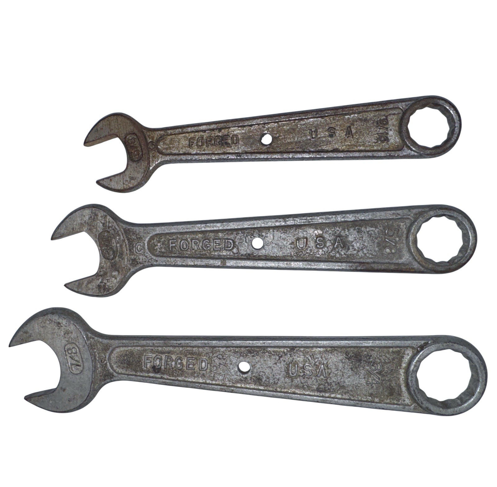 Antique USA Combination Wrench Lot SAE 3/8 7/16 1/2 9/16 Forge Steel Tools