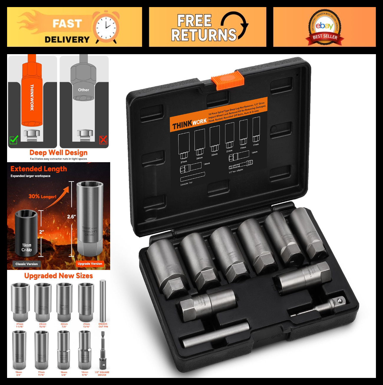 10pcs Lug Nut Extractor Set – 1/2″ Drive Wheel Lock Removal Tool for Stripped, D