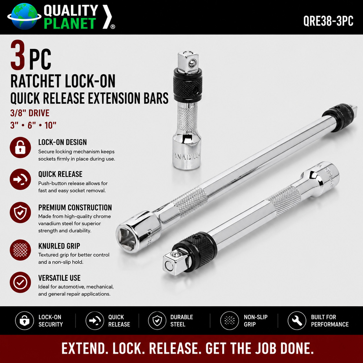 3PC Ratchet LOCK-ON QUICK RELEASE EXTENSION BARS 3/8″» DRIVE 3″ 6″ 10″