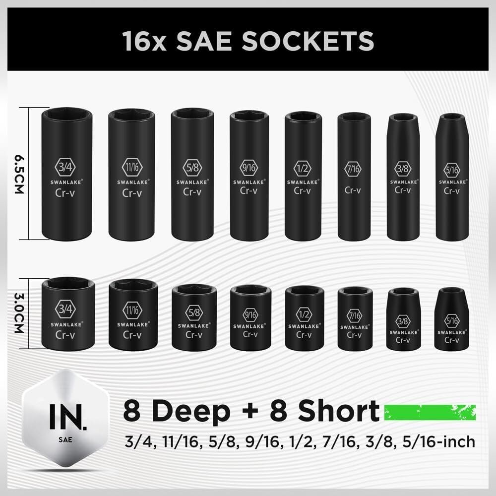 50PC 3/8″ Drive Impact Socket Set SAE/Metric 3/8-In Ratchet Handle Extension Bar