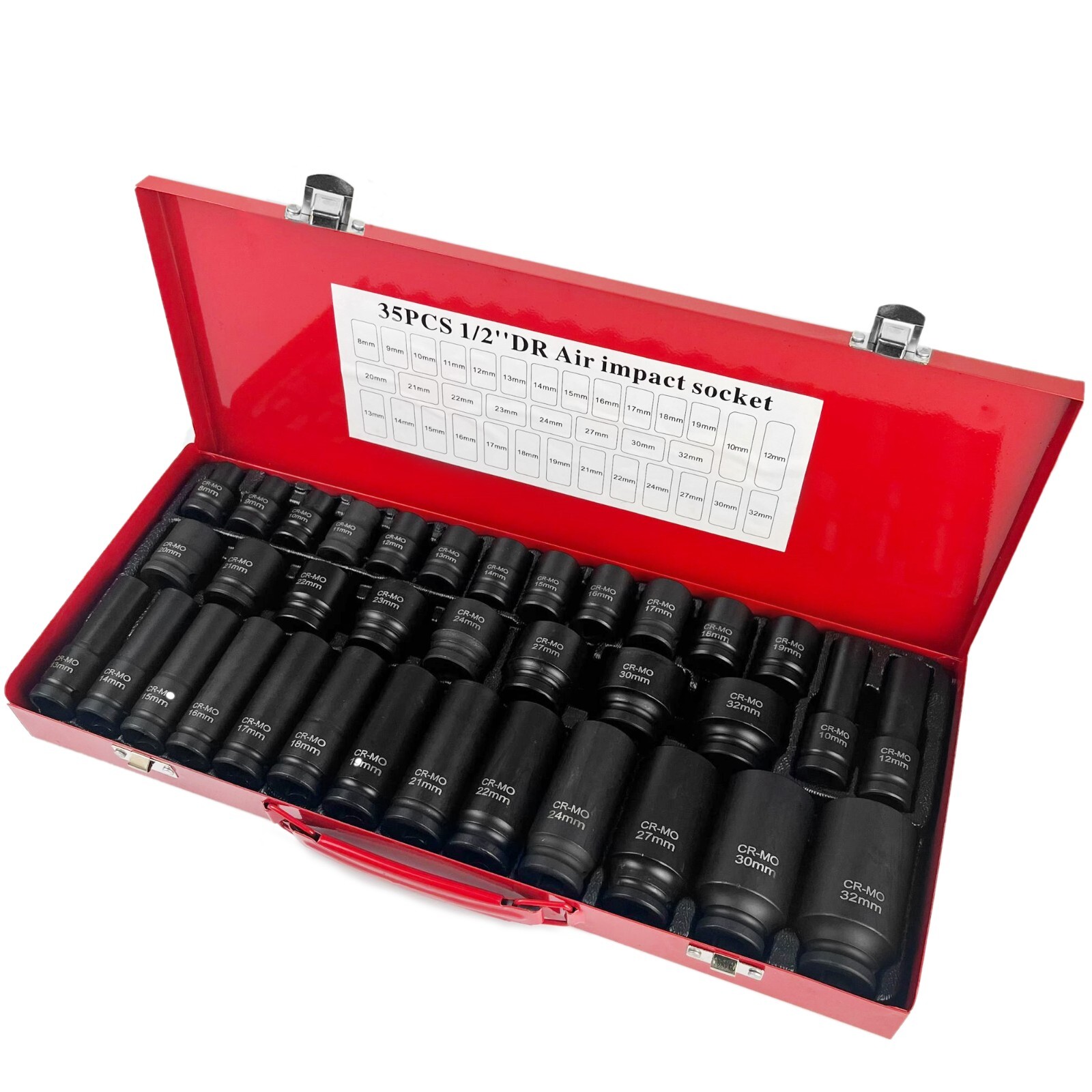 35pcs 1/2″ Sq Metric Drive Deep Impact Socket Tool Set Garage Kit 8-32mm + Case