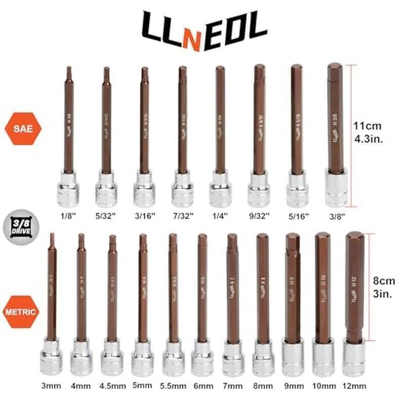 3/8 Inch Drive Long Allen Hex Bit Socket Set 19PC Standard SAE & Metric Sockets
