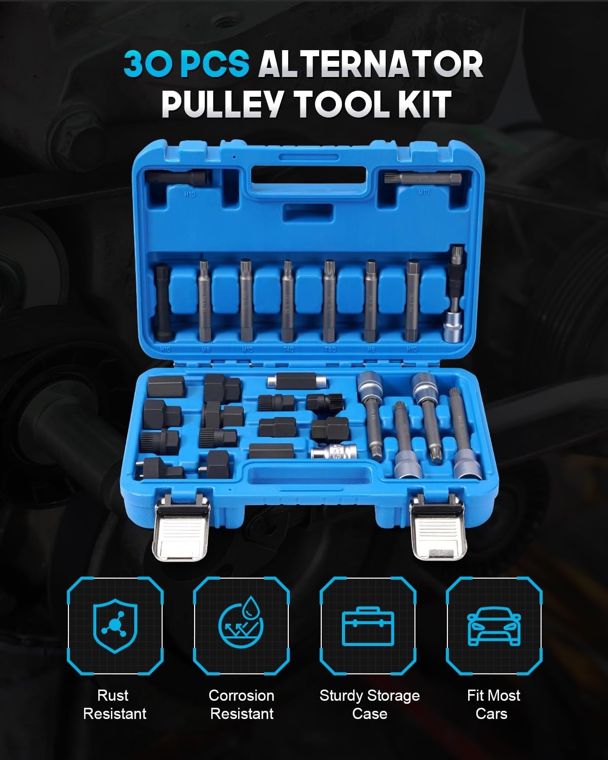 30PCS Alternator Pulley Removal Tool Kit, Decoupler & Clutch Freewheel Set for V