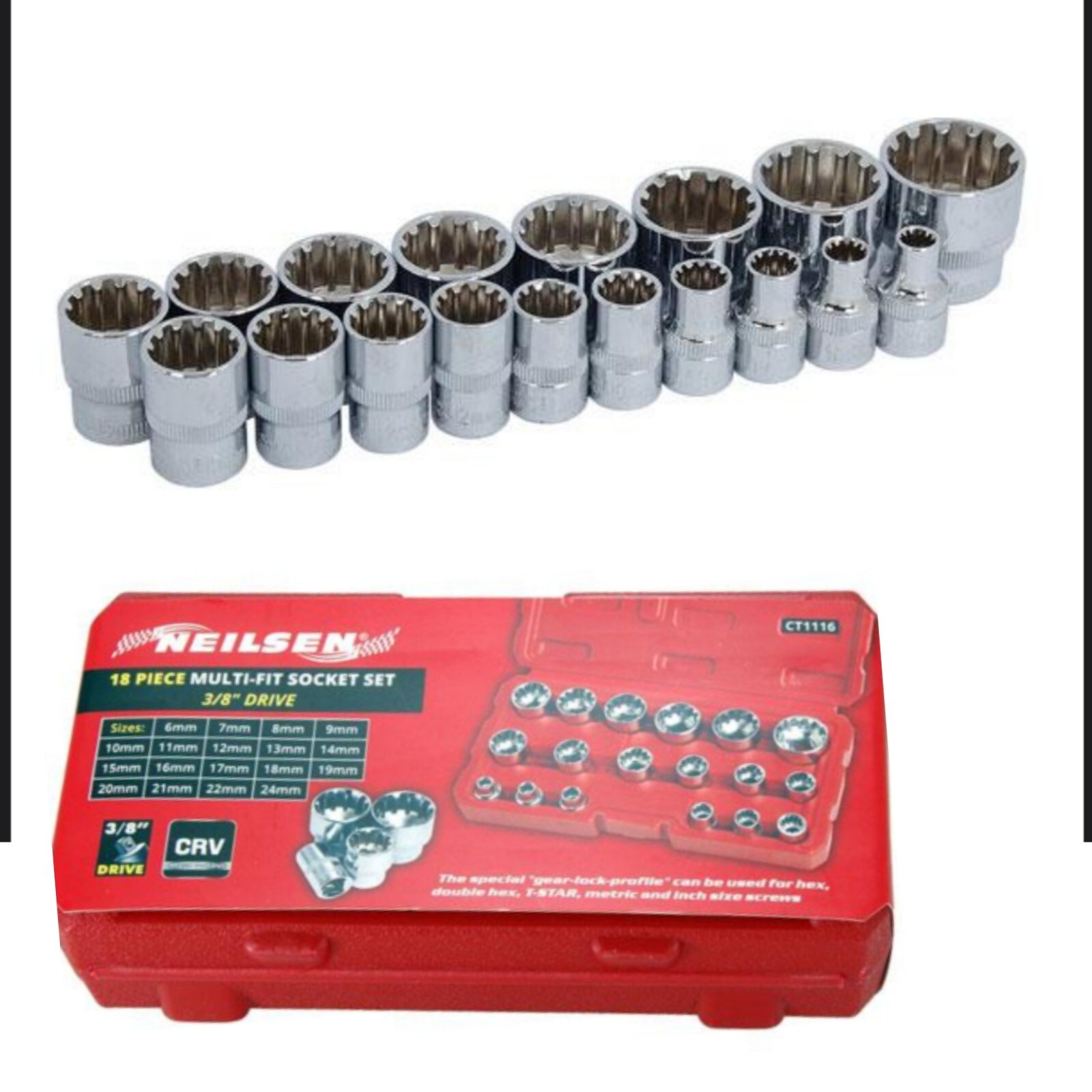 Neilsen Metric Multi Drive Sockets 6mm – 24mm Socket Set In Bmc 18pc 3/8″