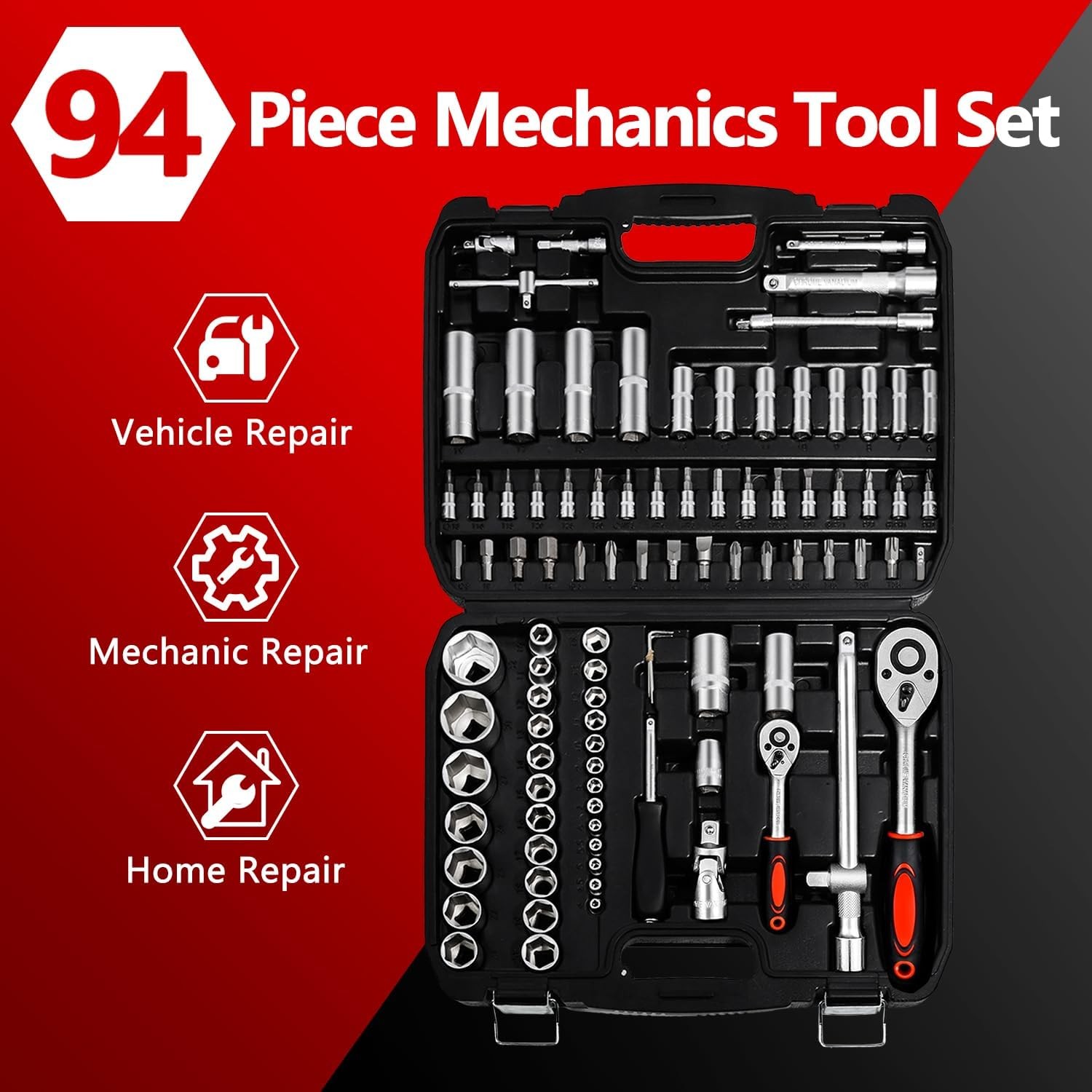 XHTT 94 Piece Tools For Mechanics,Metric And Standard 1/4,1/2 Socket Black