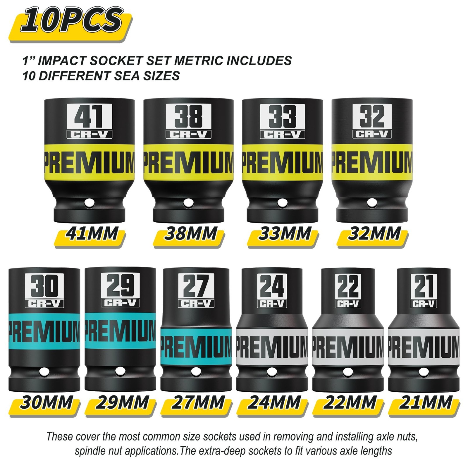 10-Piece 1″ Drive Impact Socket Set, Metric Axle Nut Sockets 21-41mm, 6 Point Cr