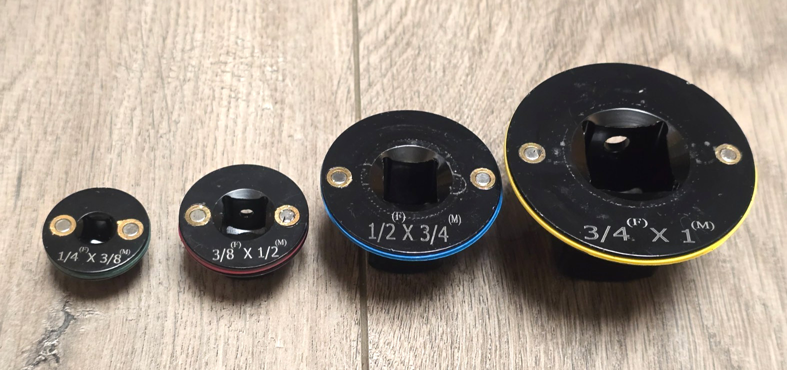4pc Low Profile Magnetic Impact Reducing Adapter Set 1/4″ up to 1″ drive colored