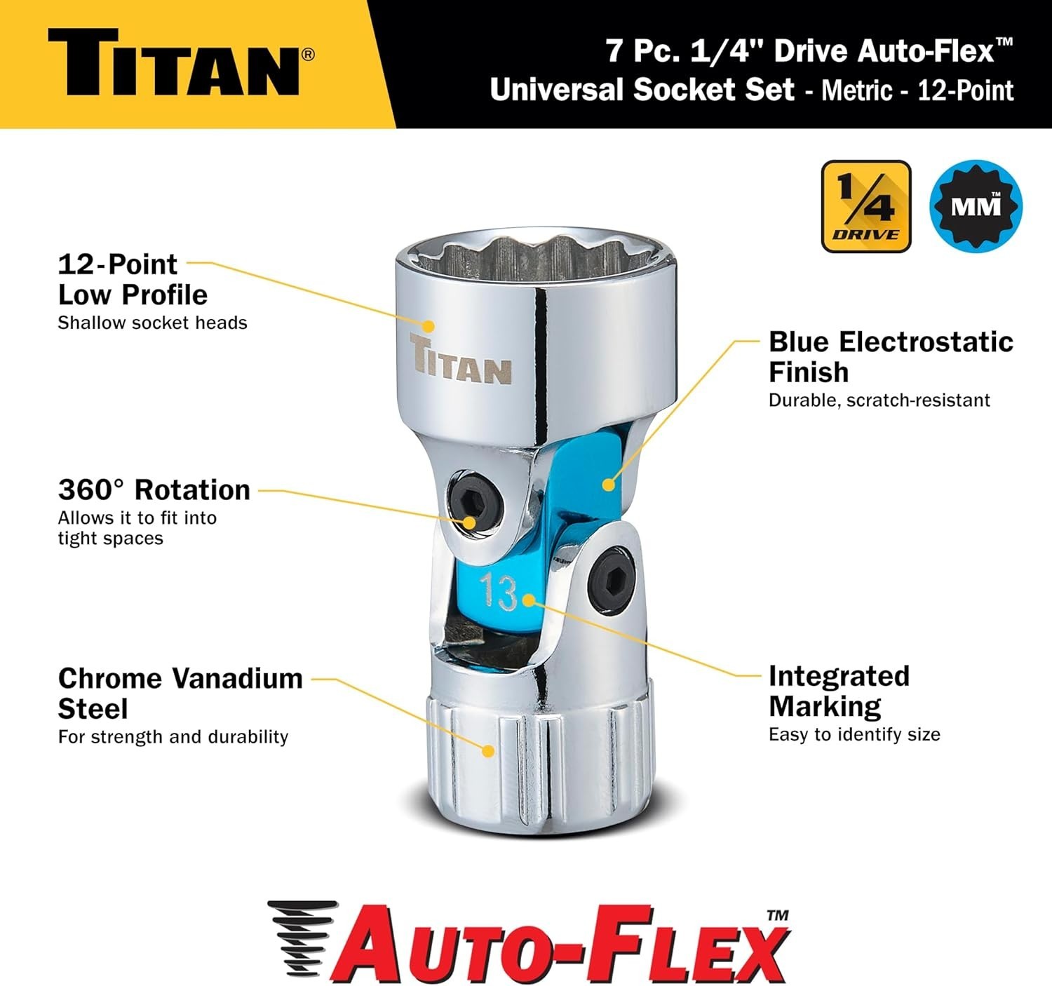 Titan 66840 7-Piece 1/4-Inch Drive Metric Auto Flex Universal Socket Set, 12-Pt