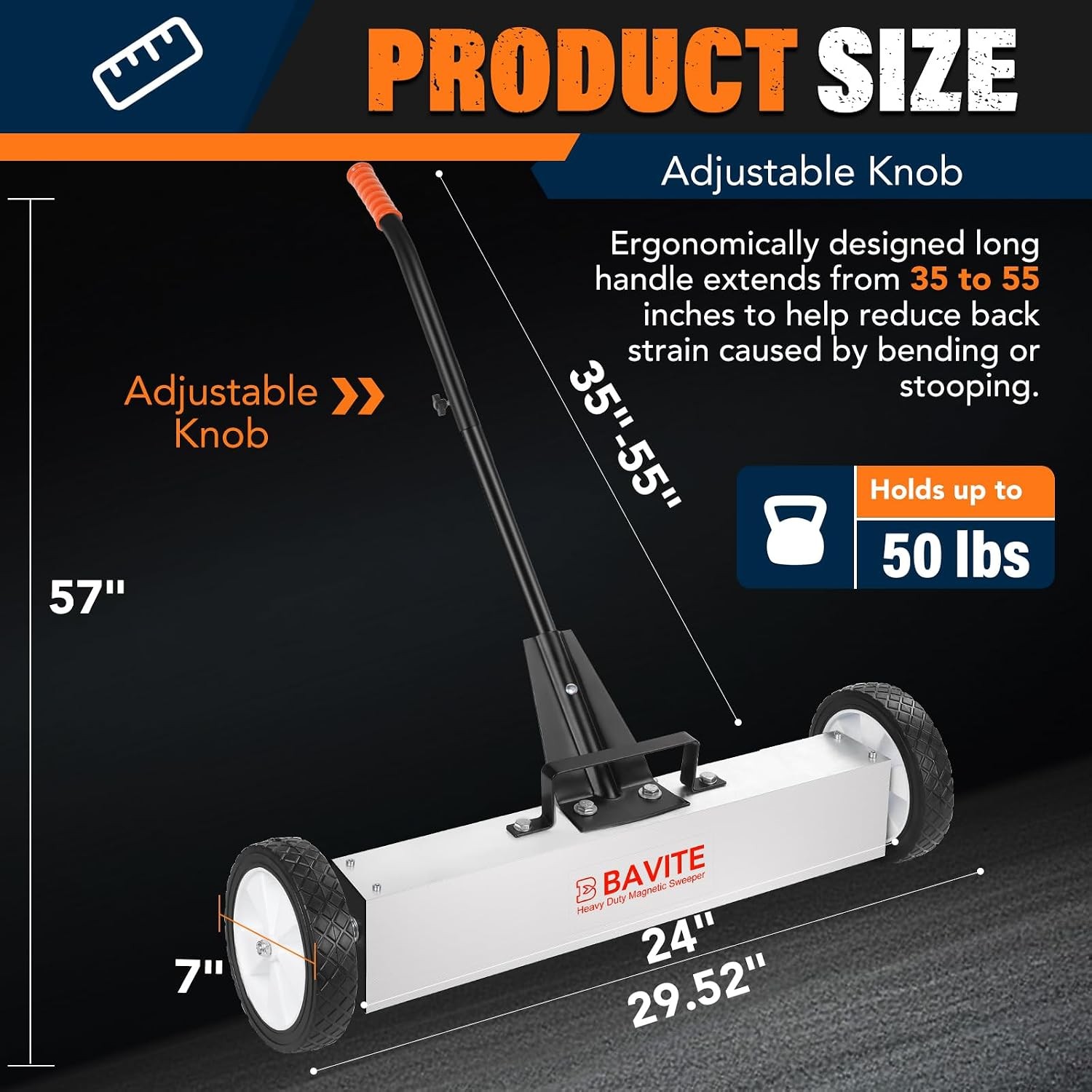 24″ 50Lbs Rolling Magnetic Nail Sweeper Heavy Duty w/Adjustable Handle