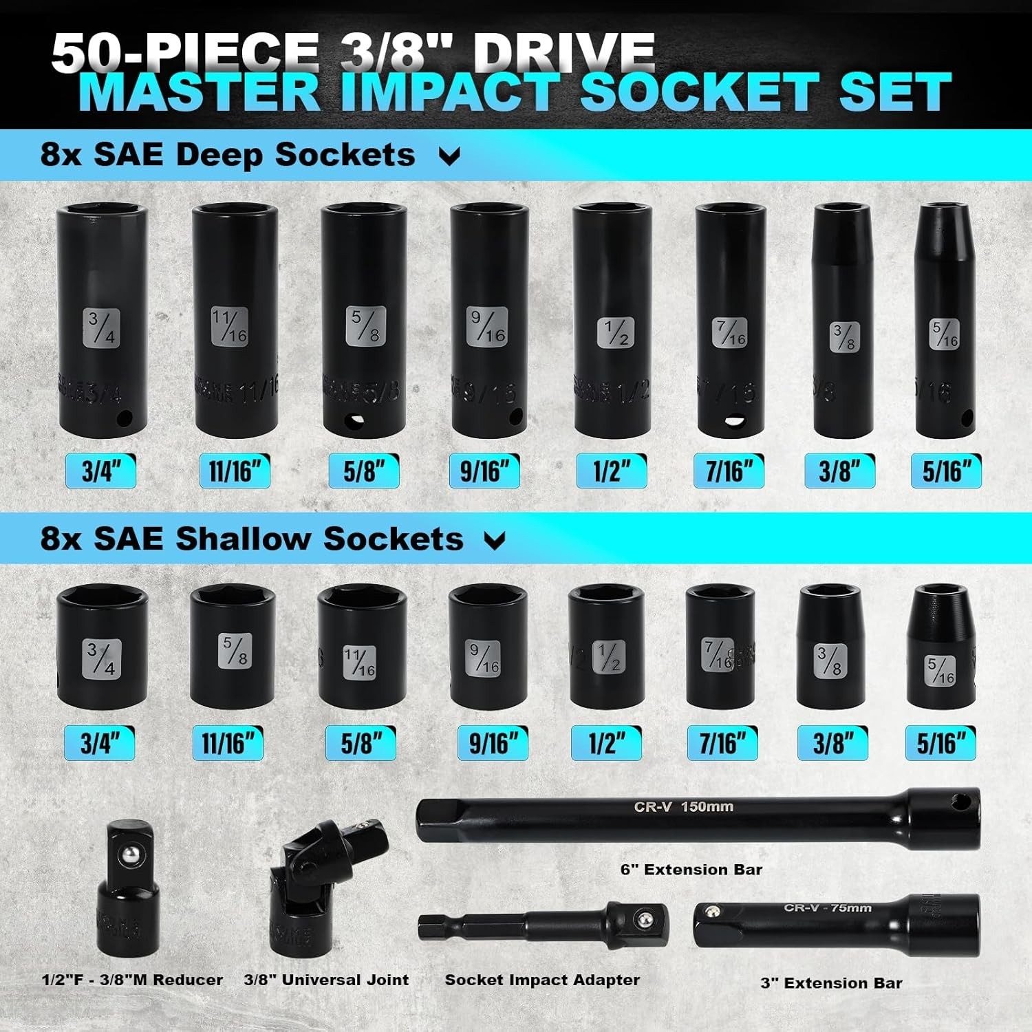 Impact Socket Set, 3/8 inch 50 Piece SAE and Metric Set, Standard SAE 5/16 to…