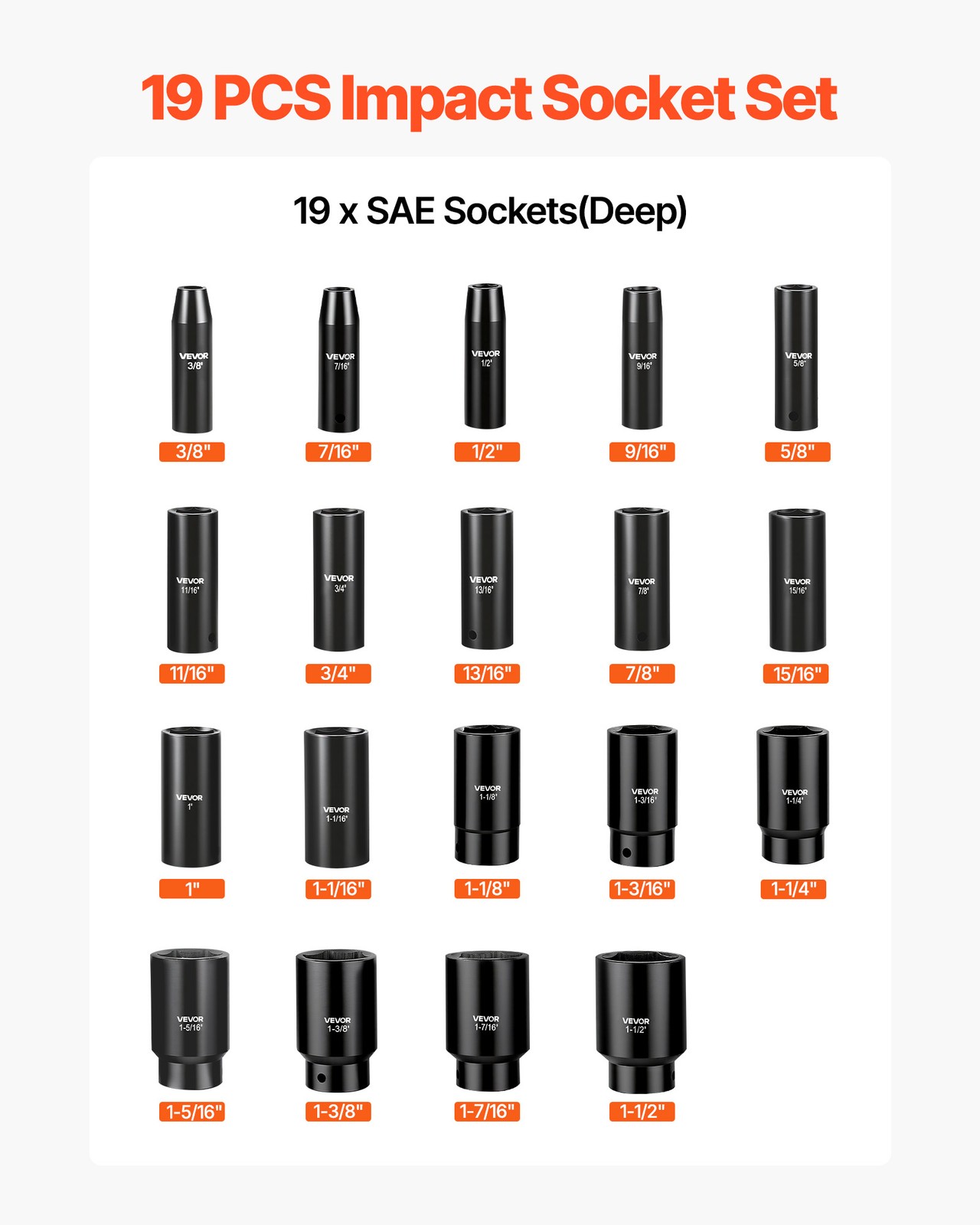 VEVOR Impact Socket Set, 1/2″ 19 Piece Impact Sockets 3/8″ to 1-1/2″ Deep Length