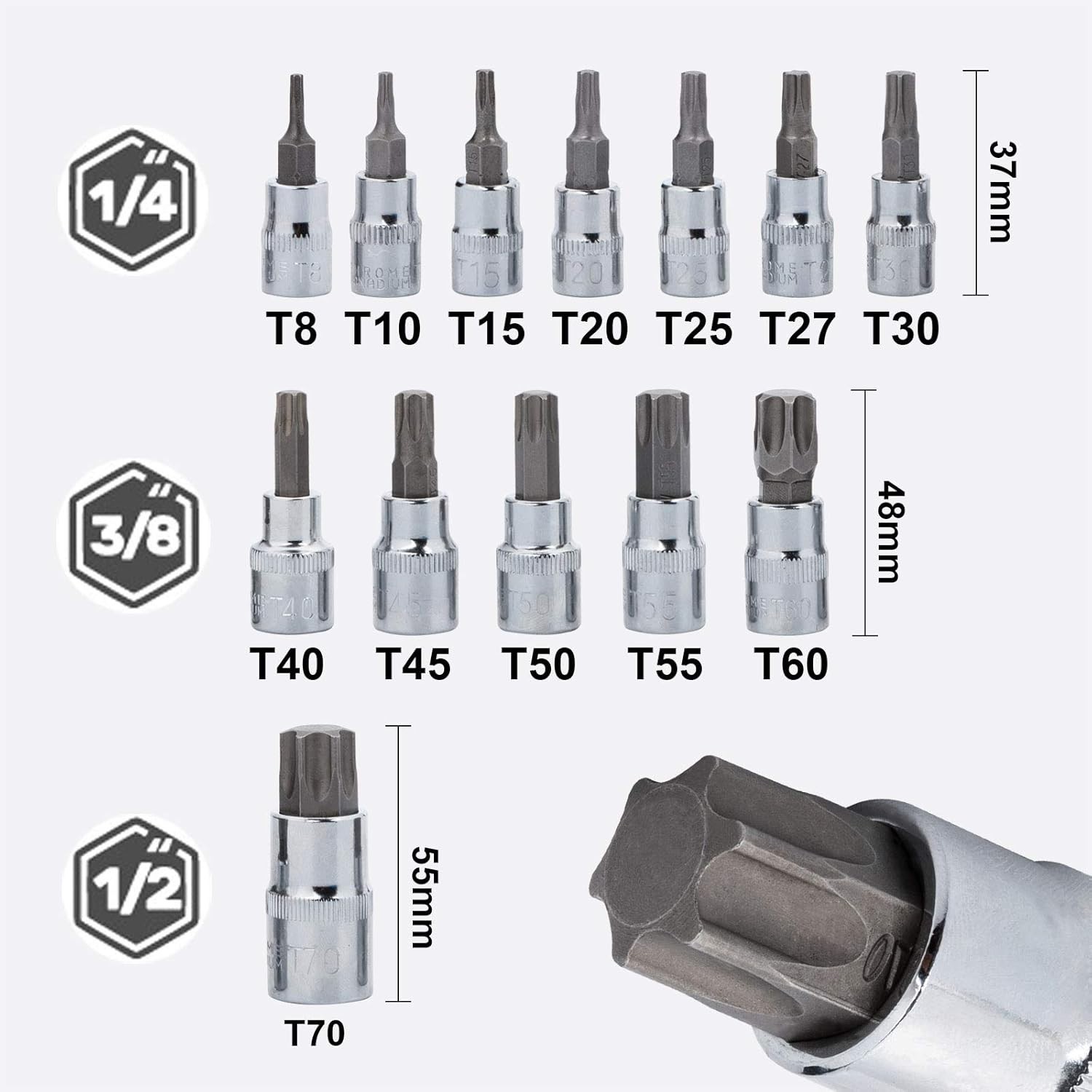 Torx Bit Socket Set 13pcs | Precision T8-T70 S2 Alloy & Cr-V Steel | 3/8″ Drive