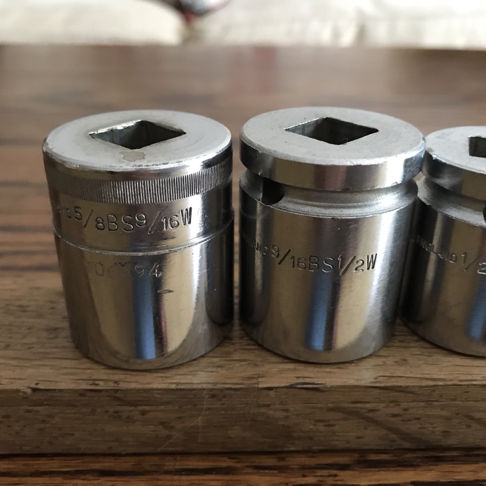7 Vintage Britool Sockets 9/16”To 3/16”Whitworth With 1/2” Drive . C