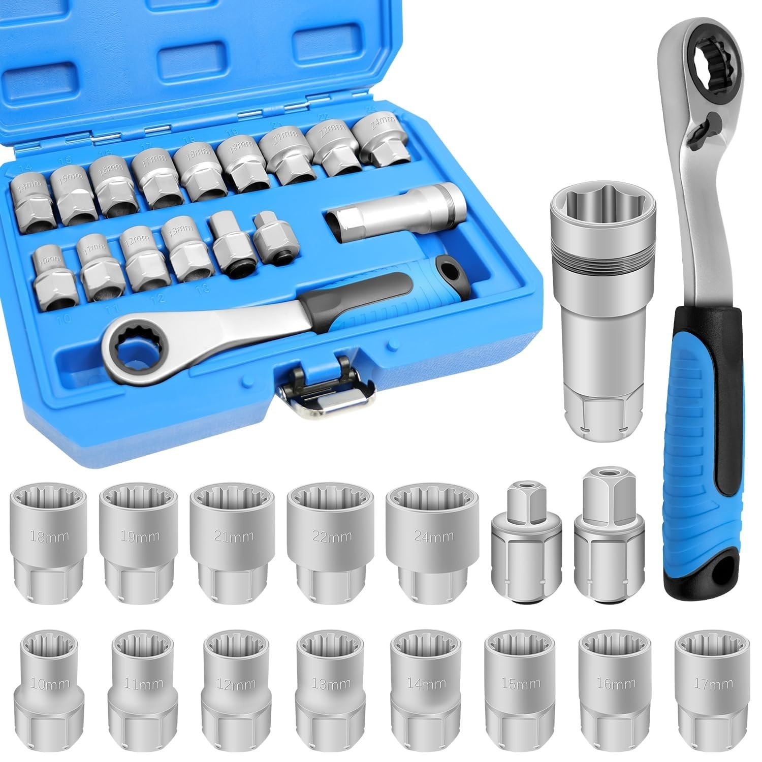 17PCS Metric Pass Through Socket Set – Chrome Vanadium, Deep Wrench Adaptor, Low