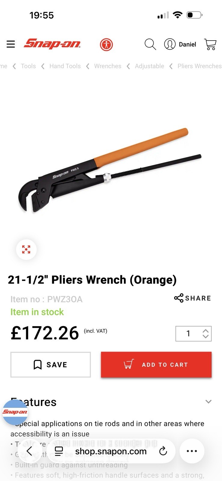 Snap On 21-1/2″ Pliers Wrench (Orange) – PWZ3OA.