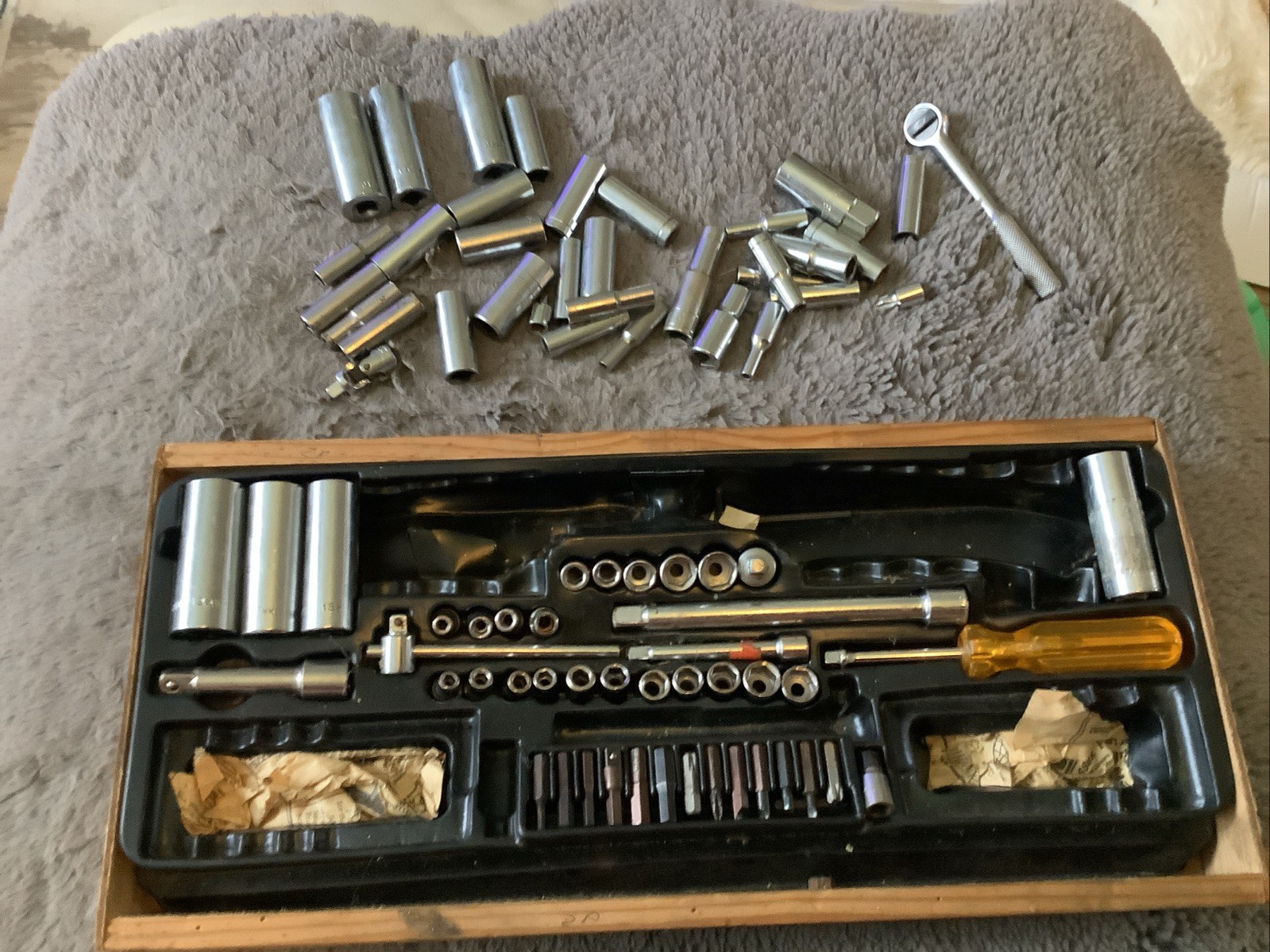 Lot Of Vintage Sockets In Wood Tray Metric & Imperial Approx 65 Pieces See Pics