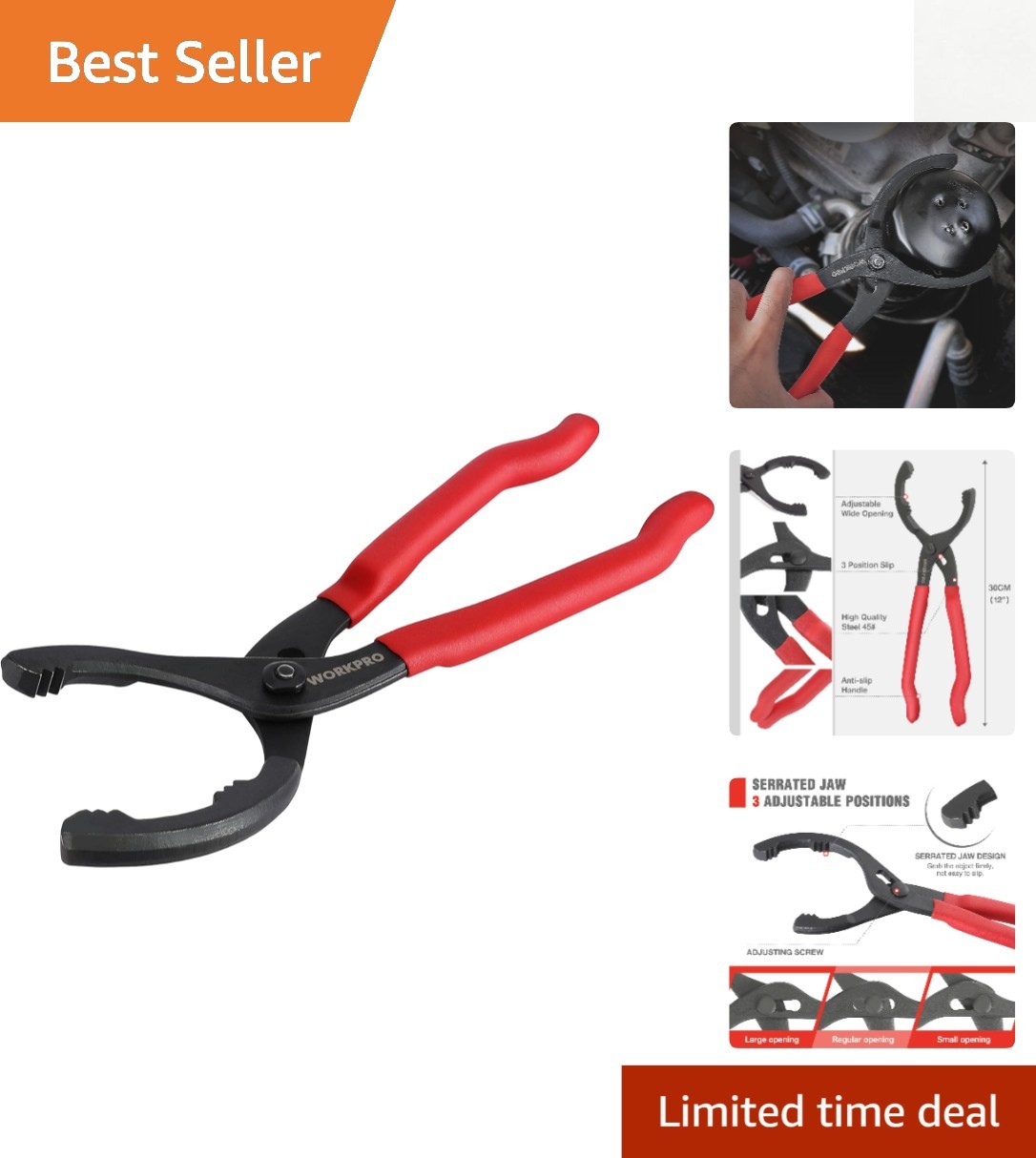High Carbon Steel Adjustable Oil Filter Pliers – Fits 2-3/8 to 4-1/2″ Filters