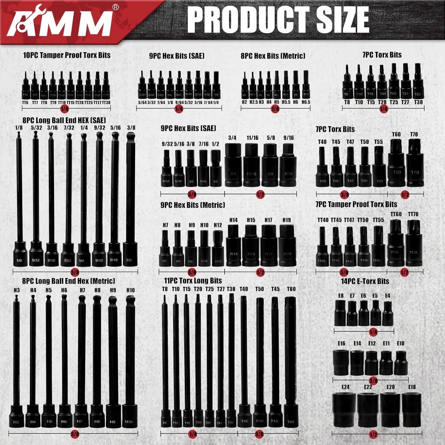 107PCS Allen and Torx bit socket set, 1/4″, 3/8″ and 1/2″ Drive,Extra long torx/