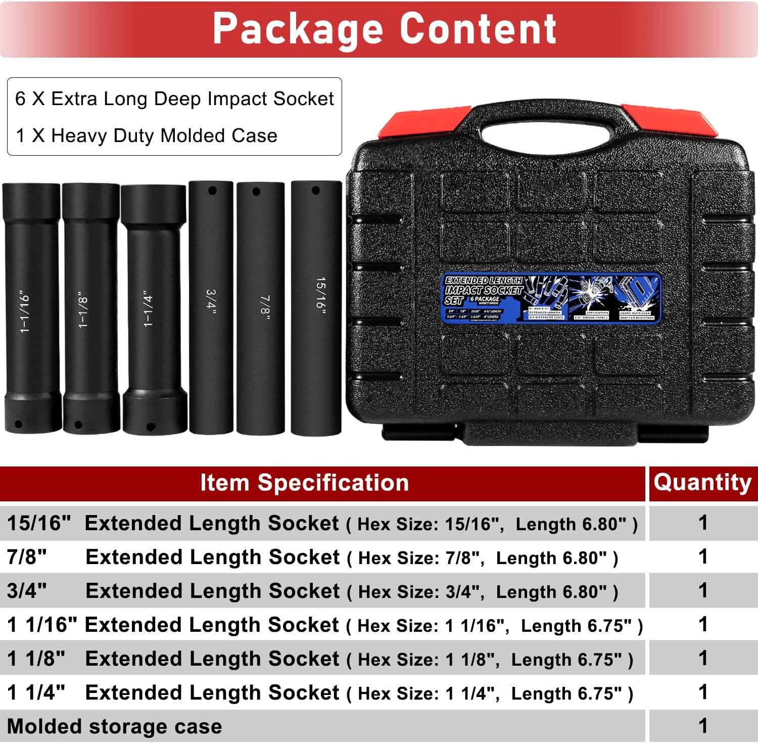 1/2″ Drive Extended Length Impact Socket Set 6PCS 3/4″ to 1-1/16″ 1-1/8″ 1-1/4″