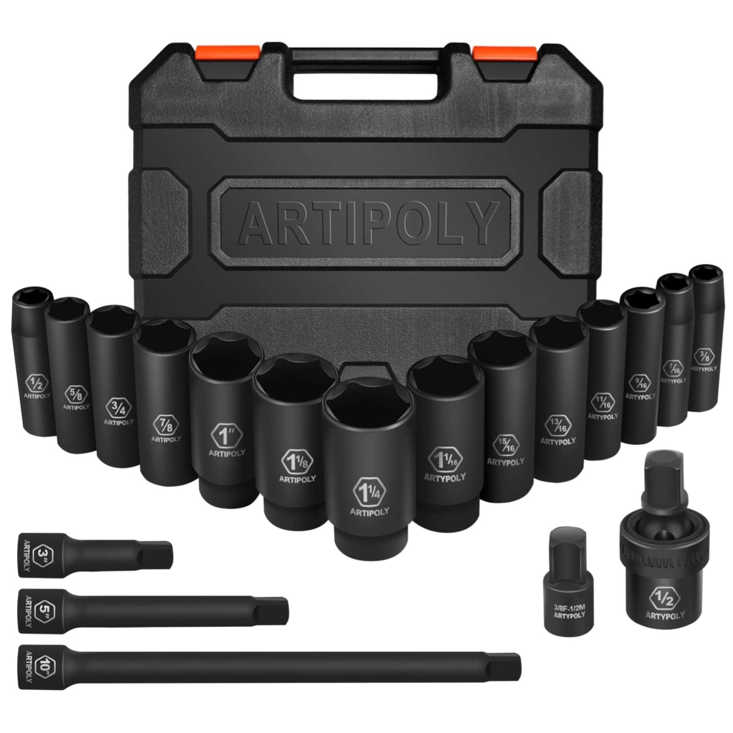 1/2″ Drive Deep Impact Socket Set, 19 Pc Cr-V Steel