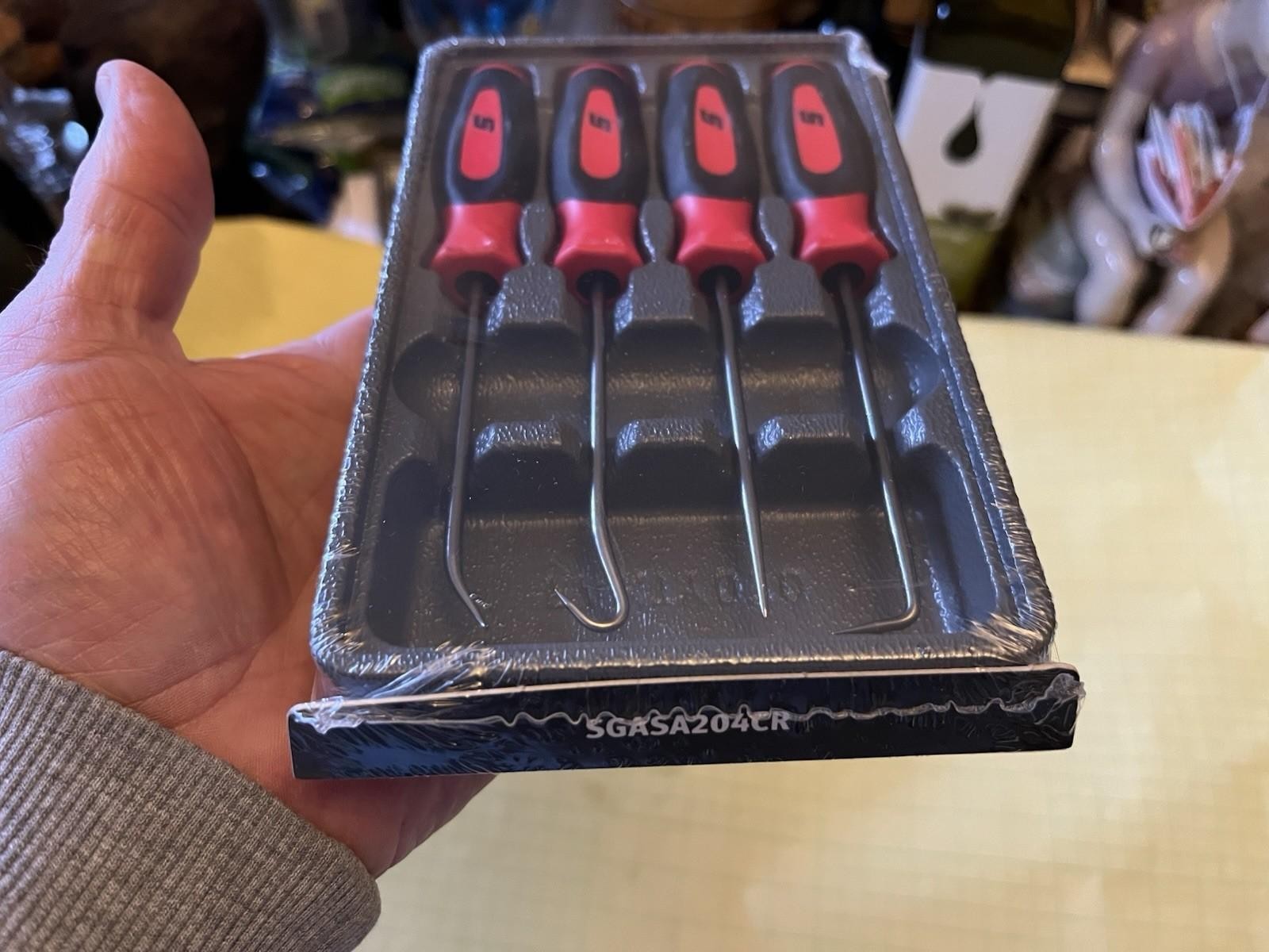 Snap On Awl Hook & Picks Mini Soft Grip 4 Pc Set Classic Red With Tool Tidy Tray