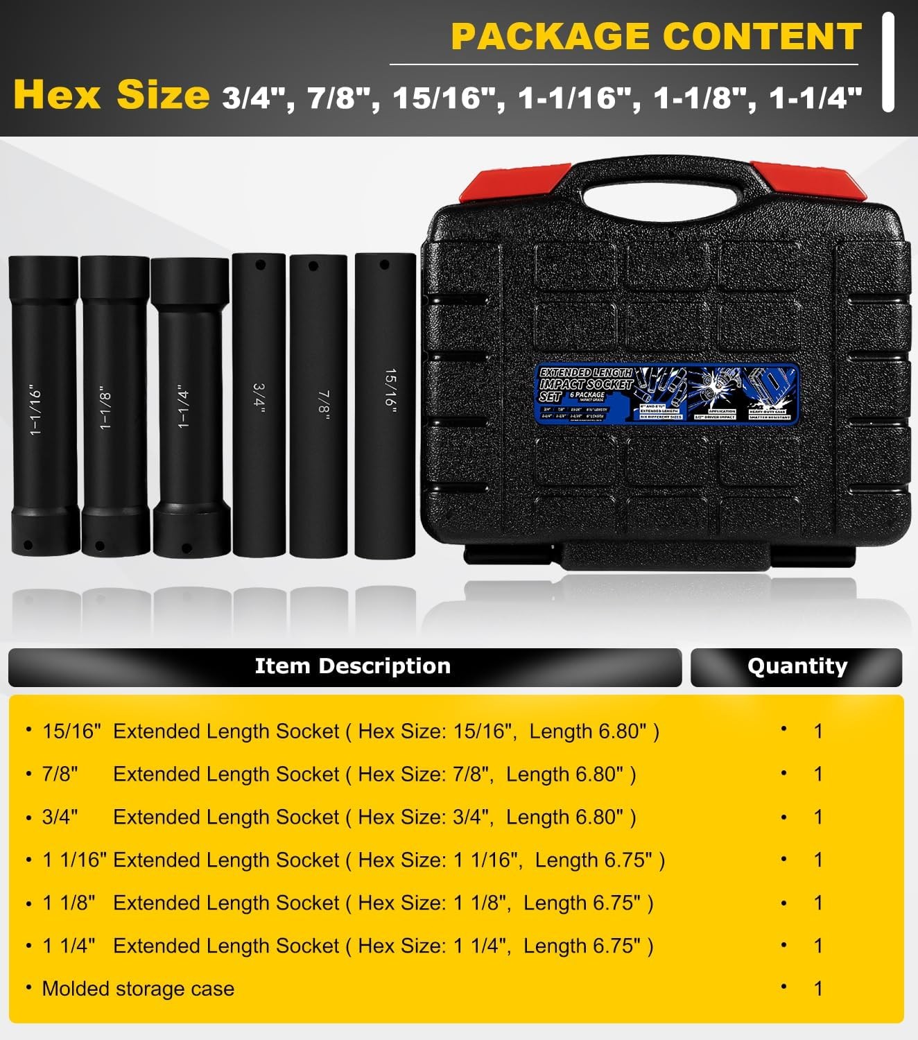 1/2Inch Drive Extended Length Impact Socket Set-6 Piece Extra Deep Impact Socket