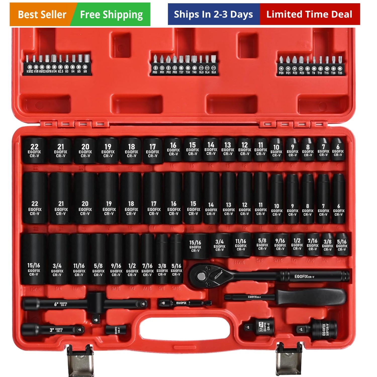 3/8″ Drive Impact Socket Set, 90 Piece Metric Socket 6-22mm and Standard SAE …