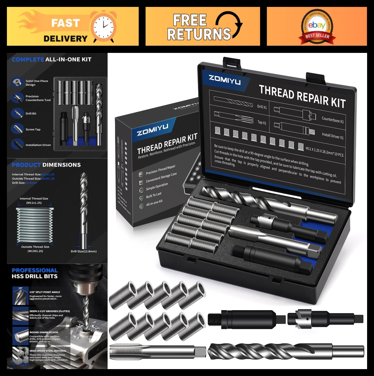 M11x1.25 Metric Thread Repair Kit – HSS Drill, Tap, Counterbore & 10 Inserts