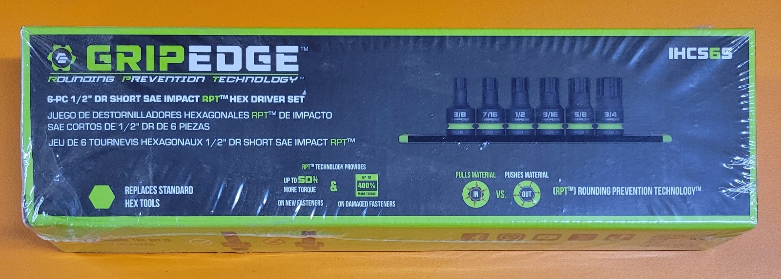 GRIPEDGE 6-PC – 1/2″ Dr Short SAE Impact R.P.T. Hex Driver Set IHCS6S