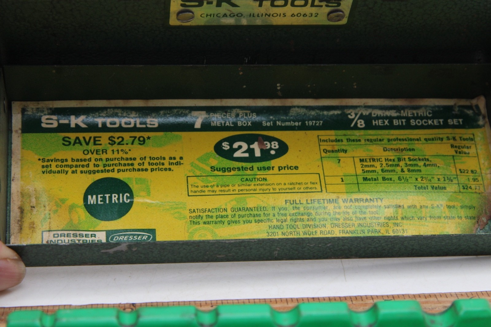 SK Tools 6-1/2″ x 2-1/4″ Green Metal Socket Set Tool Box w/Tray USA NO TOOLS