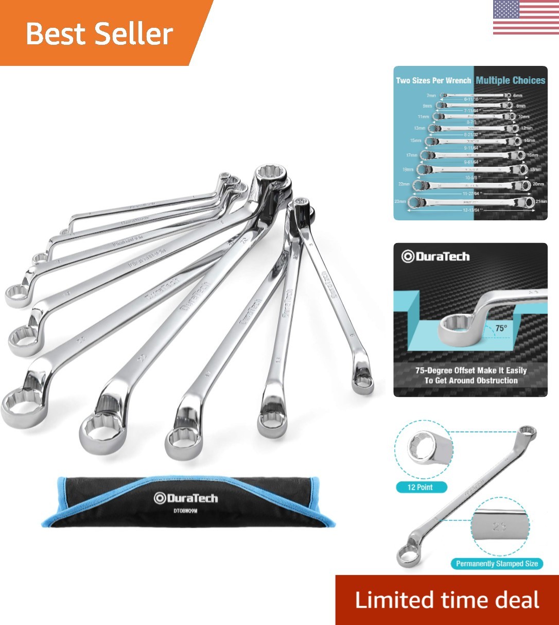 75-Degree Offset Metric Wrench Set – 9 Pieces, Chrome-Plated Finish, Organized