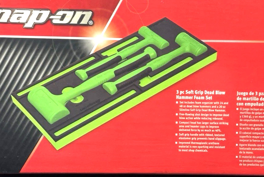 New Snap-on™ HBFE302FG 20 24 48 oz Green Flat Faced Dead Blow Hammer Foam Set