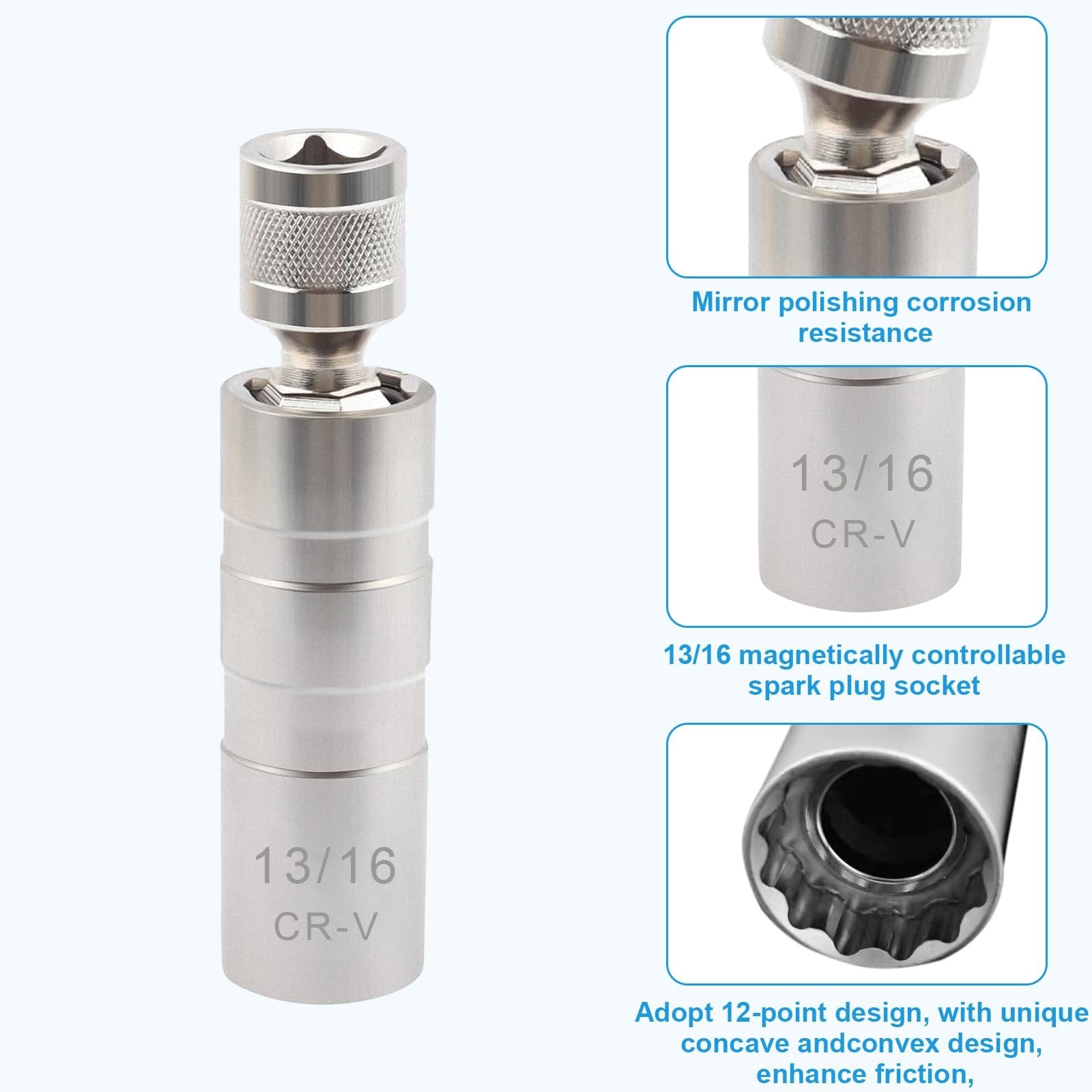 13/16″ Thin Walled Magnetic Spark Plug Socket Set, 3/8″ Drive Swivel Tool