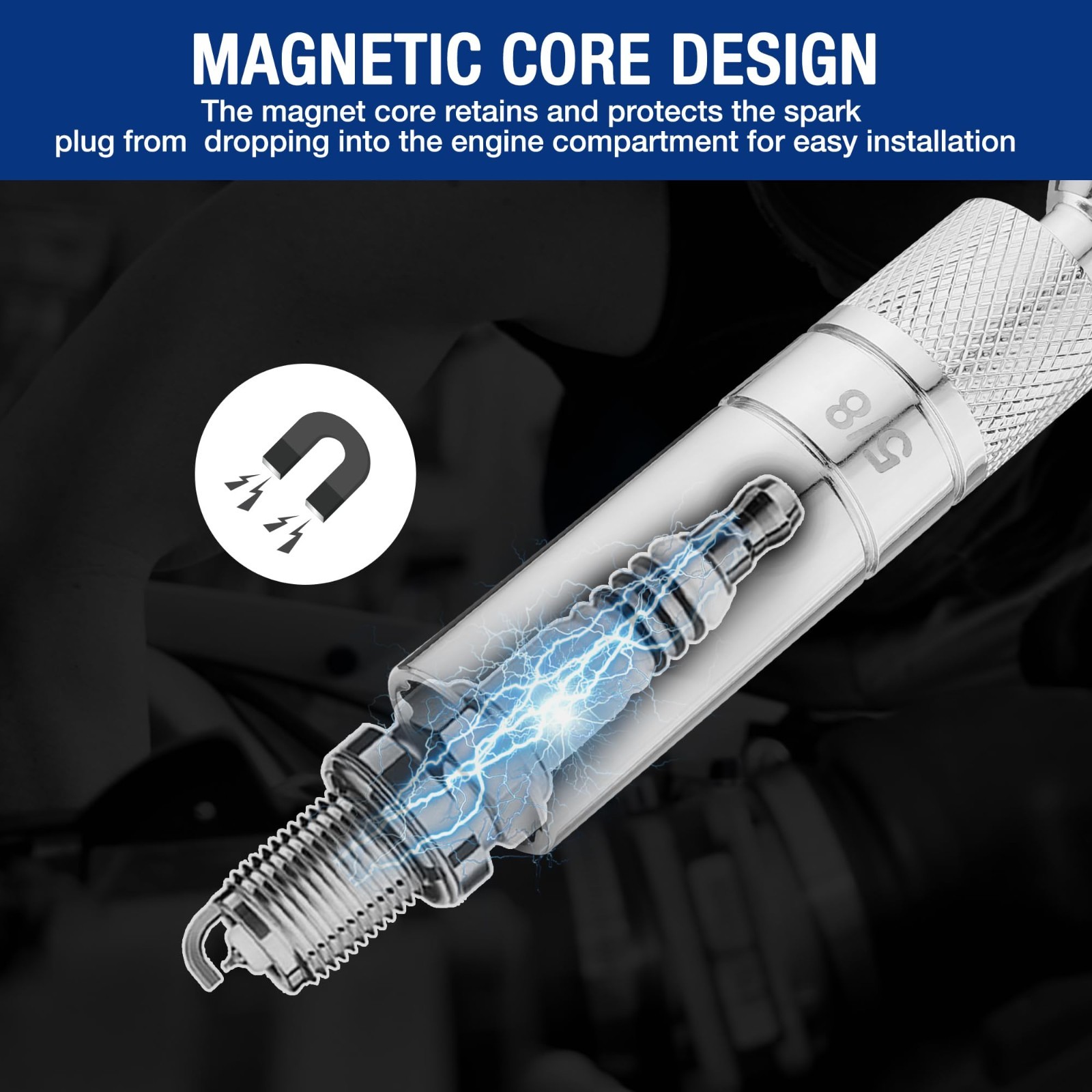 7 PCS Magnetic Swivel Spark Plug Socket Set – 9/16″, 5/8″, 13/16″, 14MM, Extensi