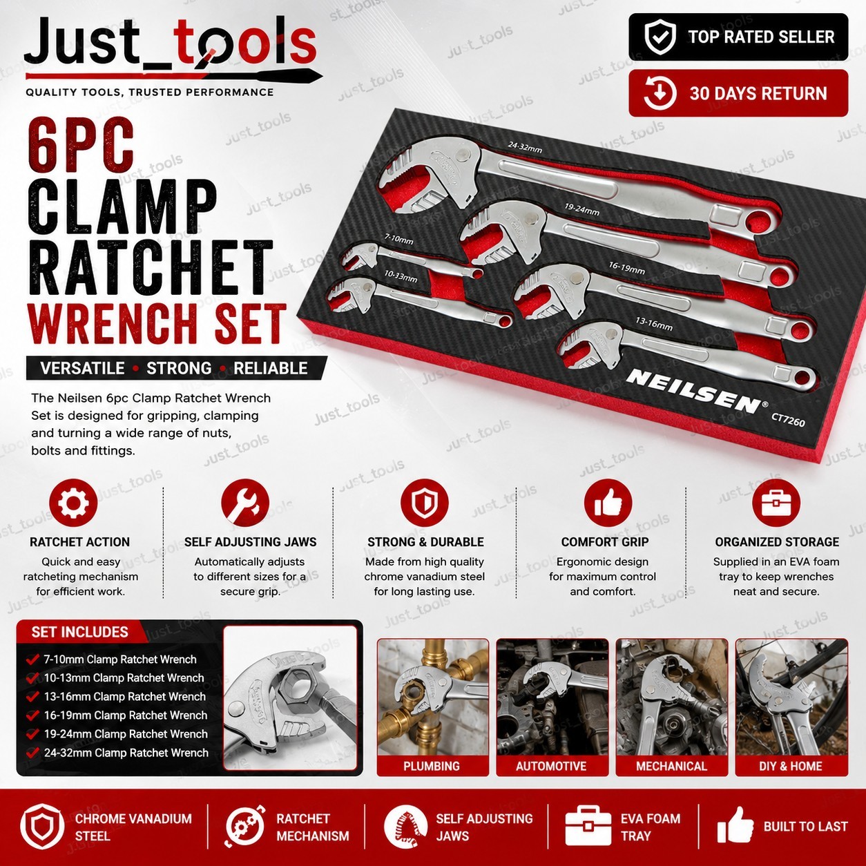 6pc Clamp Ratchet Wrench Set Self Adjusting CRMO Spanner Set 7-32mm Neilsen