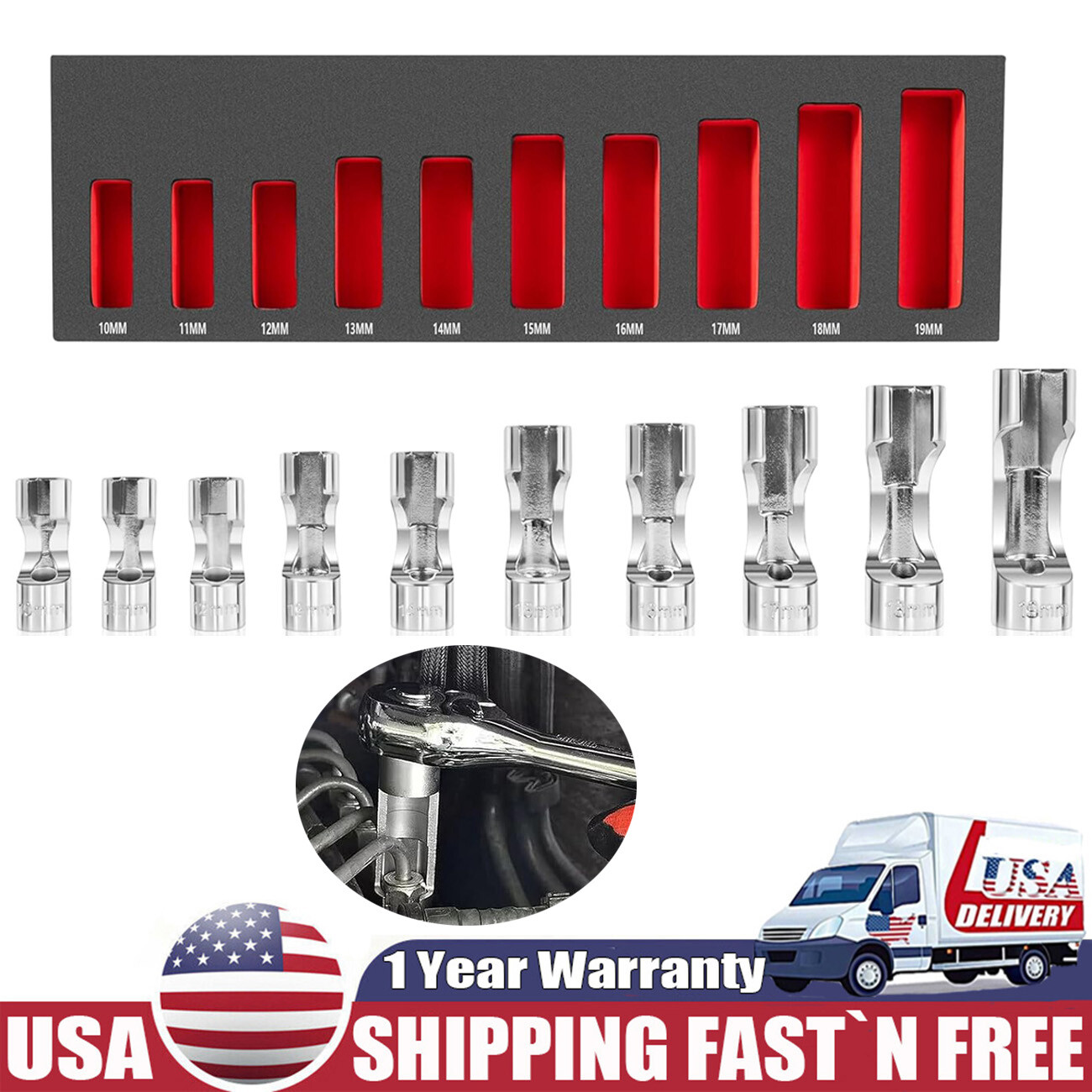 10PCS 12030 10-19 mm Flare Nut Wrench Set 3/8″ Drive for ABS Tube, Coolant, etc