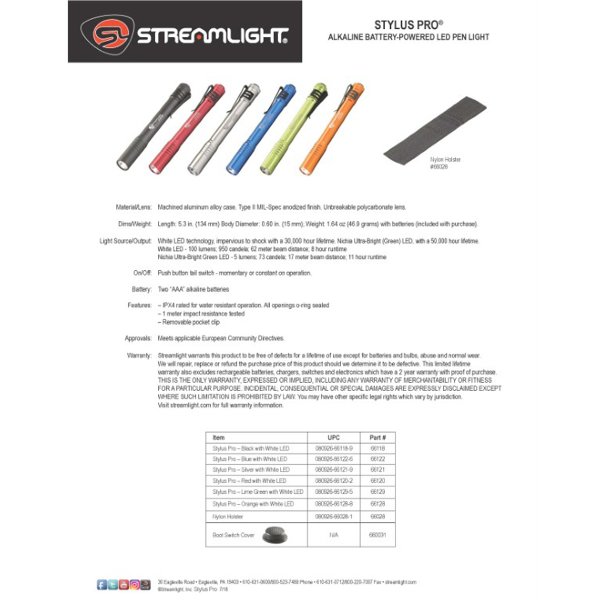 Streamlight 66118 Stylus Pro Black Penlight with White LED