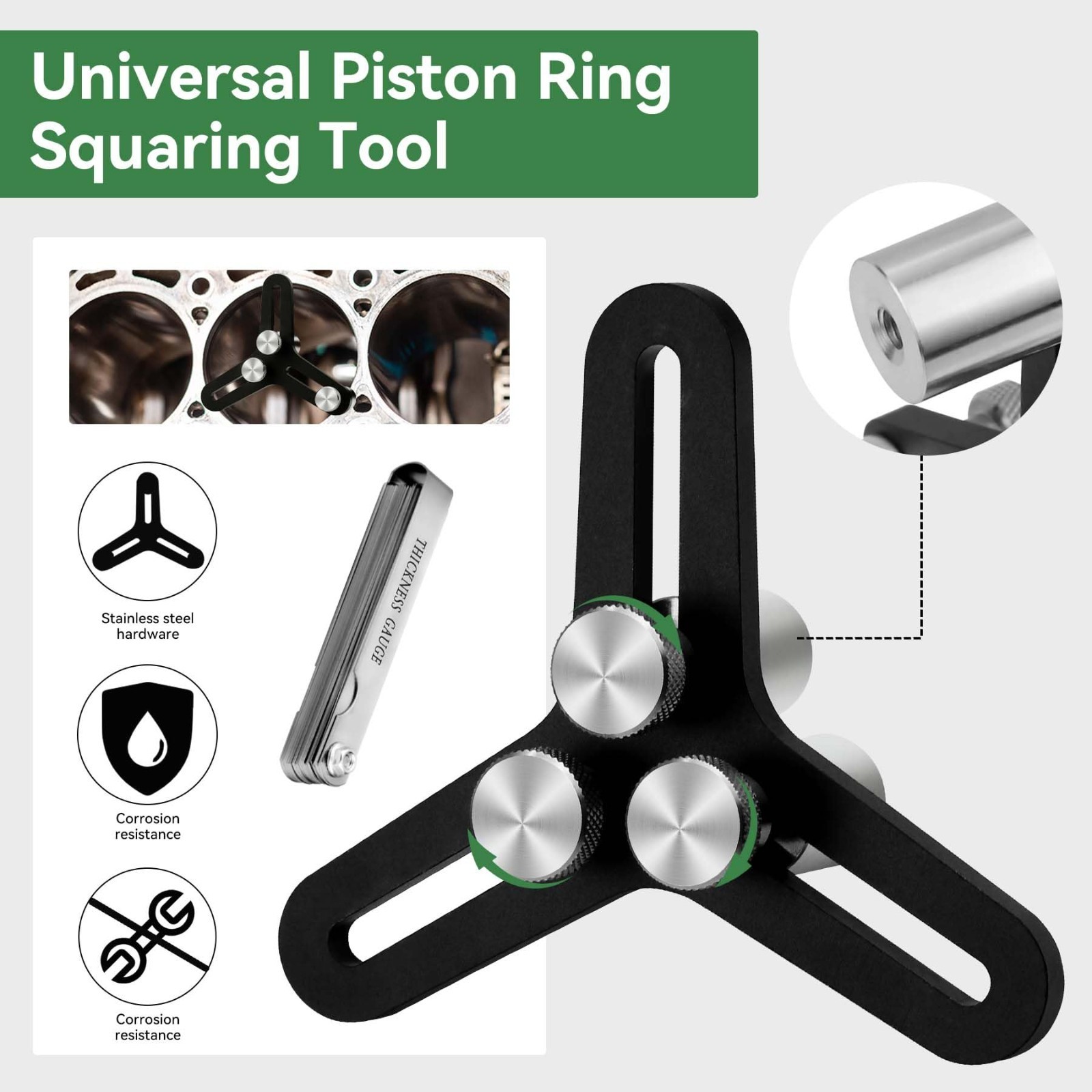 Universal Piston Ring Squaring Tool for 2″-5″ Bores + 32 Blades Feeler Gauge