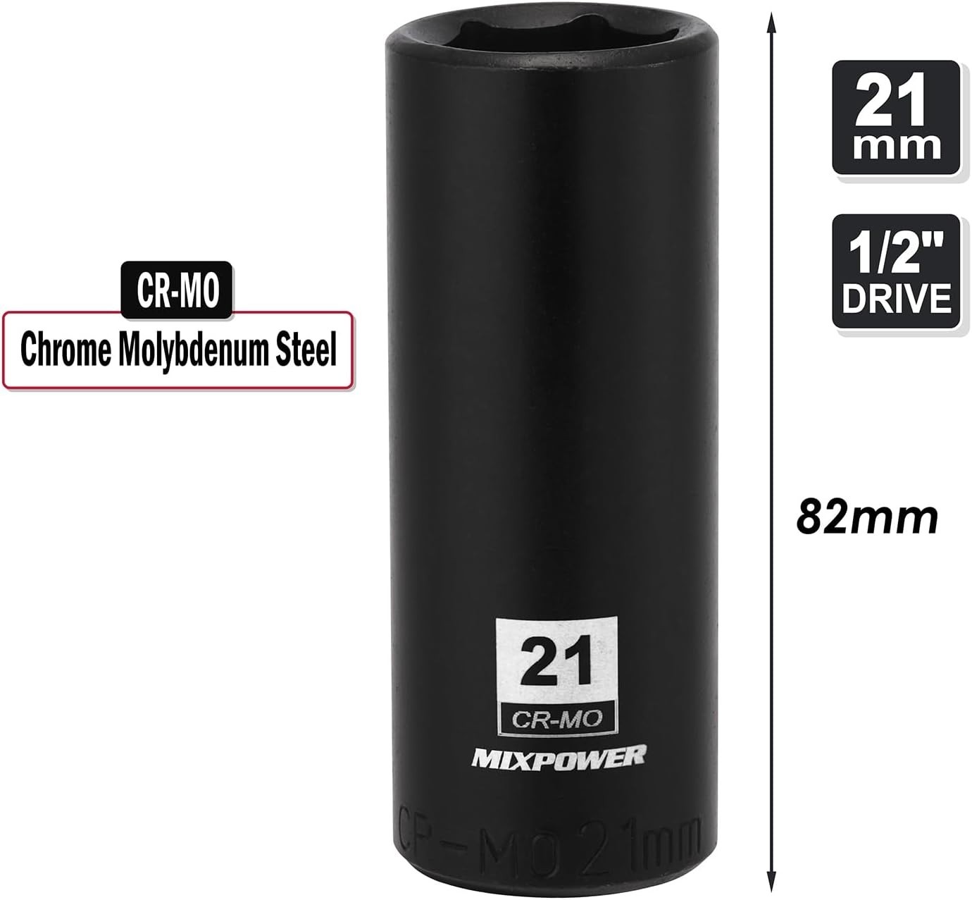 21mm Deep Impact Socket, 1/2 Inch Drive, 6 Point, CR-MO Steel