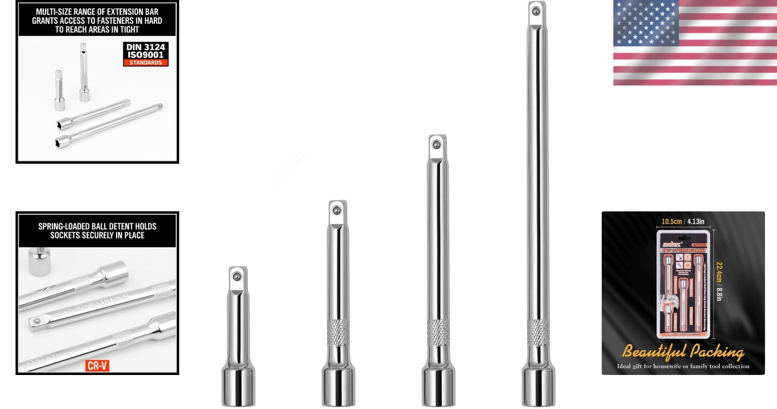 Durable 1/4″ (4PCS) Socket Extension Bar Set – Ideal for Hard-to- Areas