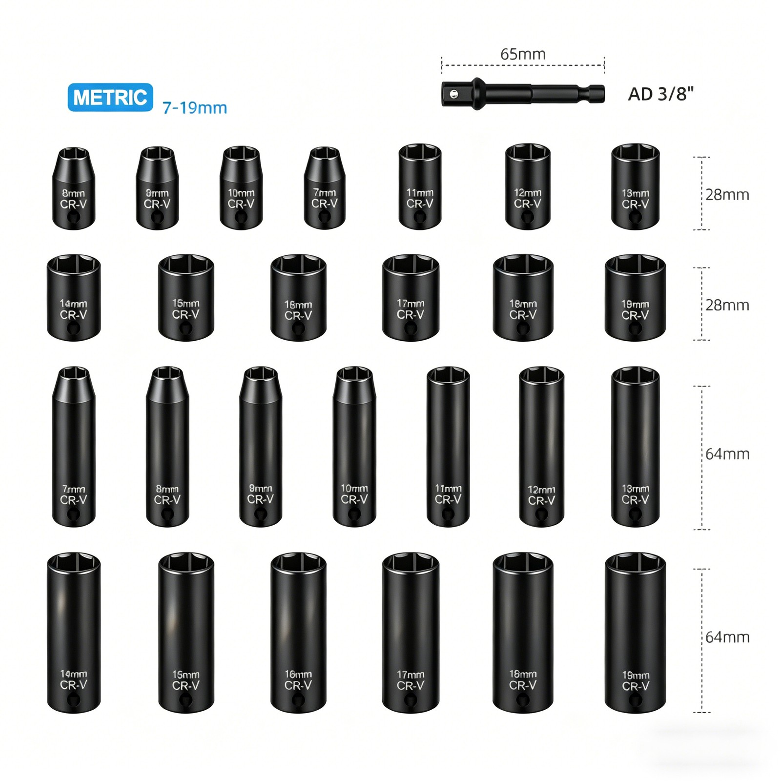 27PCS 3/8″ Drive Impact Socket Set Deep&Shallow Metric 7-19mm 6 Point CR-V Case
