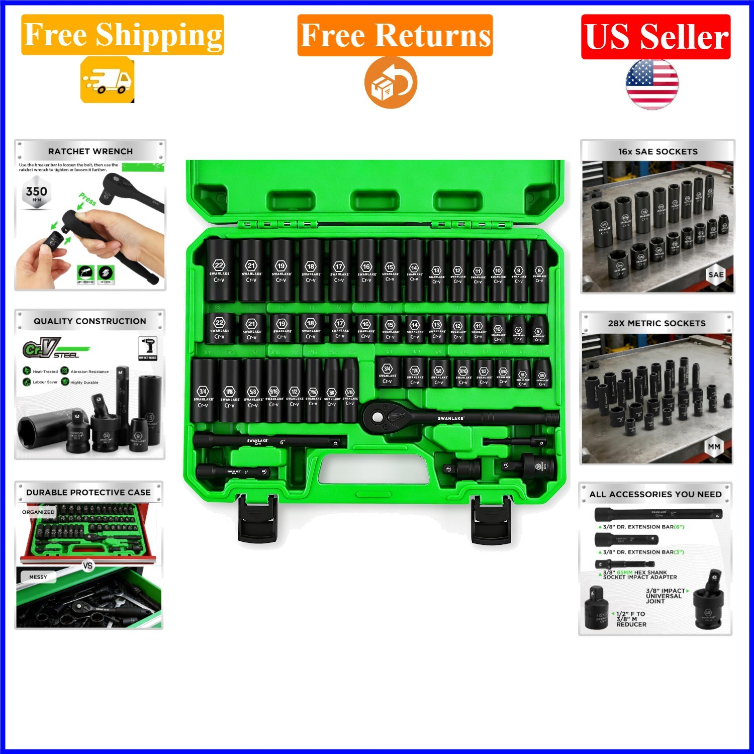 SWANLAKE 50-Piece Impact Socket Set, 3/8″ Drive, SAE & Metric, Chrome Vanadium