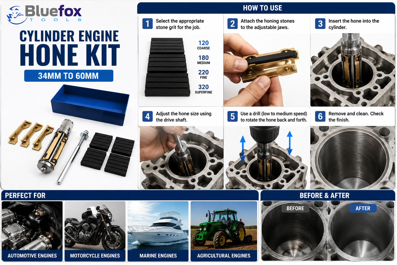 NEW CYLINDER ENGINE HONE KIT 34mm to 60 mm Honing Machine + 4 Set Honing Stones