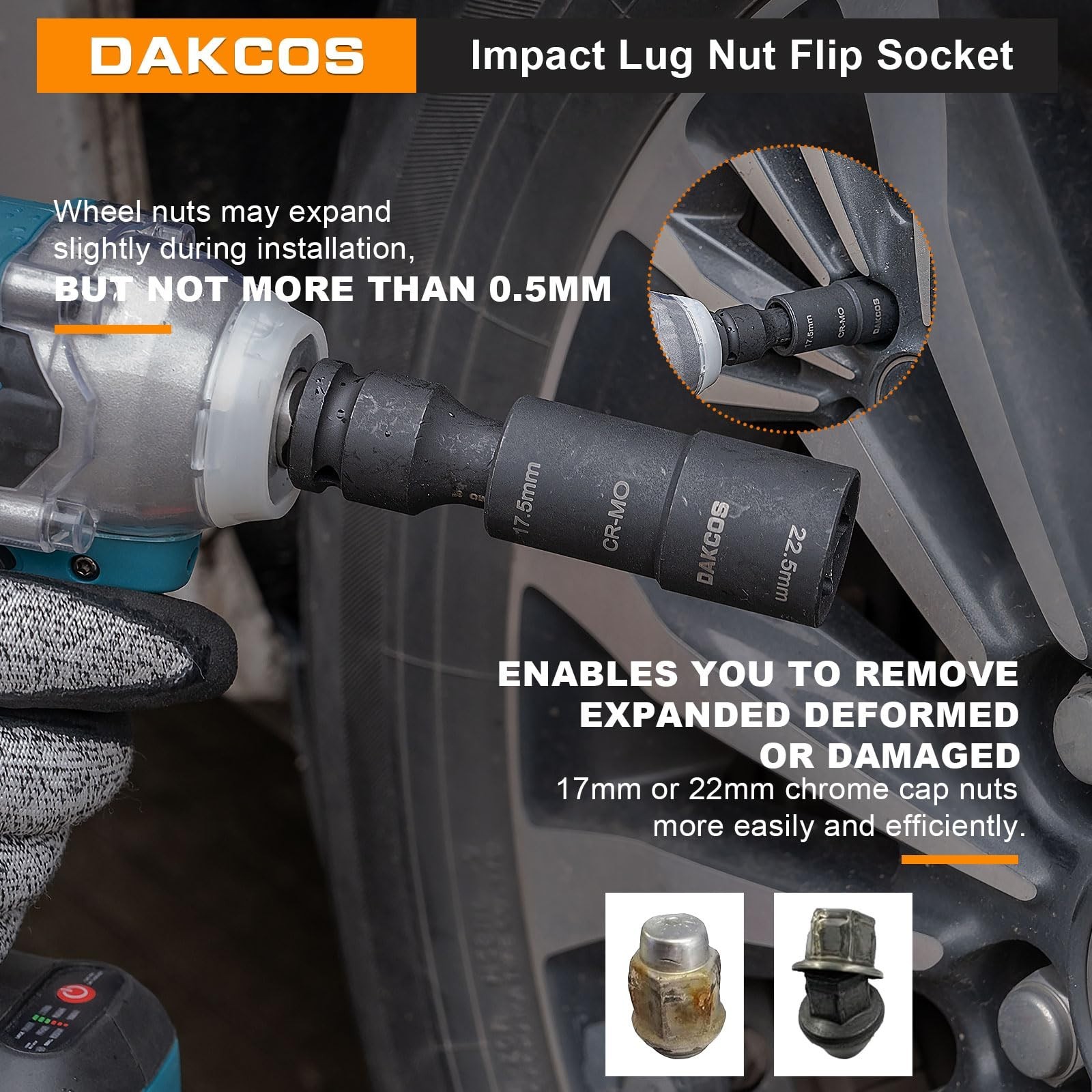 DAKCOS 17.5 x 22.5 mm Impact Wrench Nuts, 1/2 Inch Double Head Power Socket