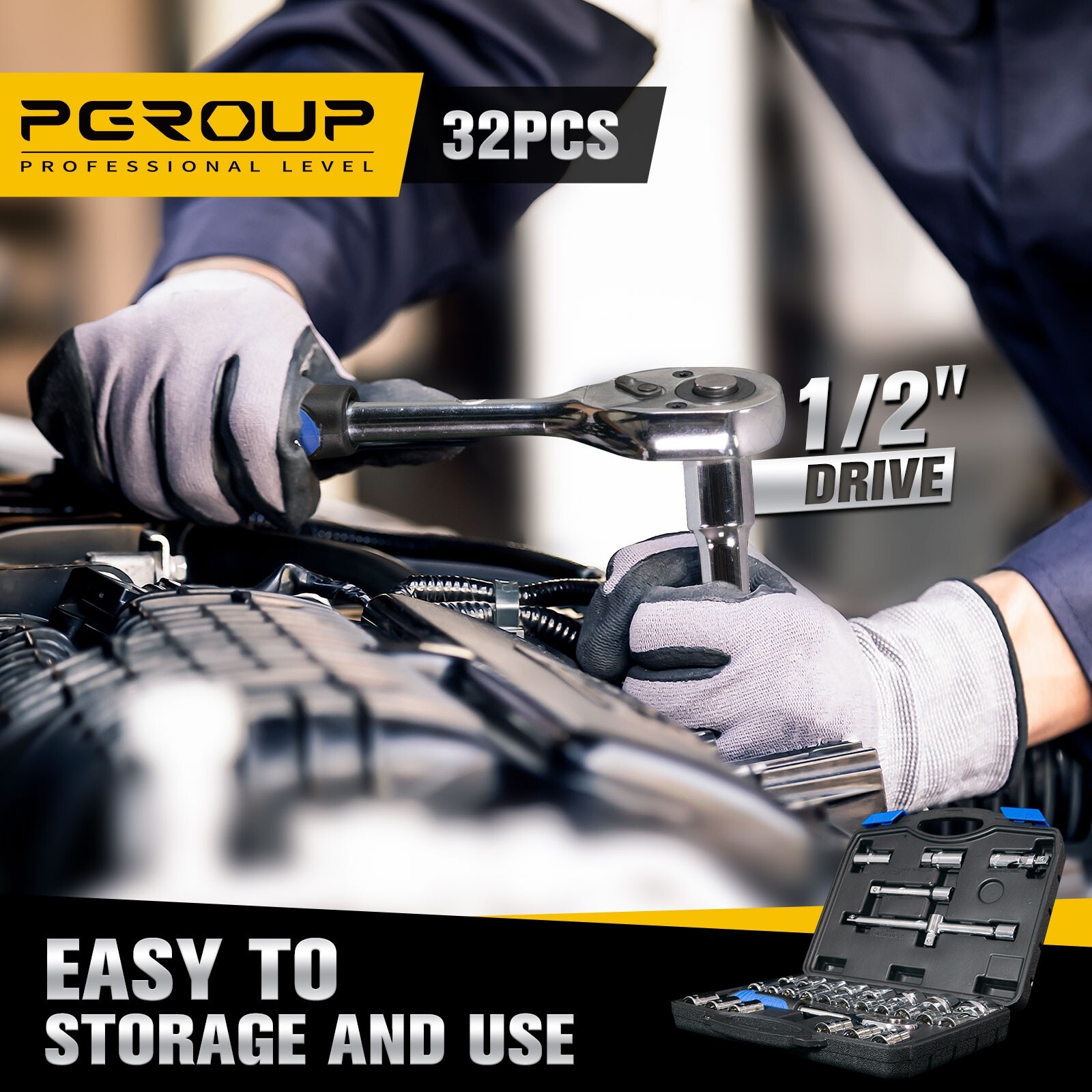 pgroup 32Pcs 1/2 inch Drive 8mm-32mm Metric socket set, with Ratchet Wrench