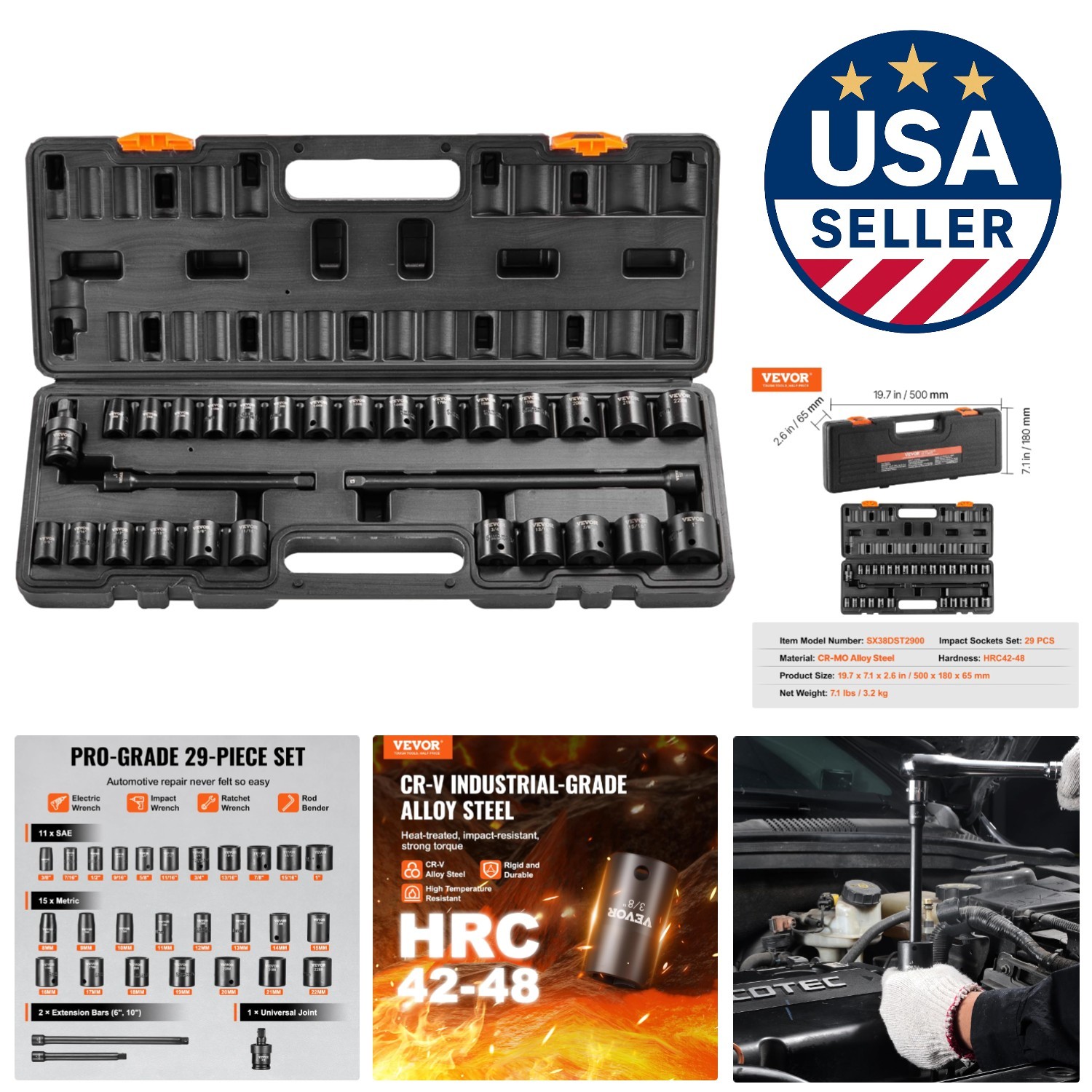 29-Piece 3/8″ Drive Impact Socket Set – SAE & Metric CR-V Alloy Steel