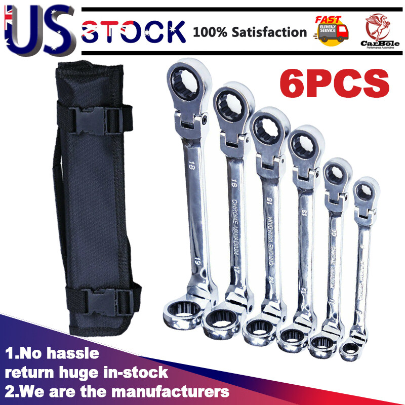6 PC Spanner Set Metric Double Box End Ratcheting Wrench Flex-Head Extra Long