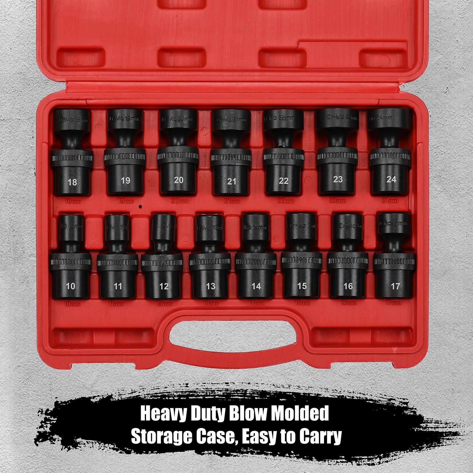 15 Piece 1/2″ Drive 6 Point Universal Flex Impact Socket Set, Metric, 10mm- 24mm